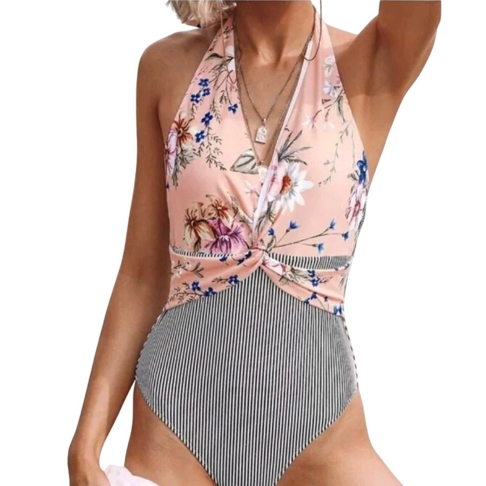 Cupshe Salmon Floral Black Striped One Piece Halter Swimsuit NWT Size L
